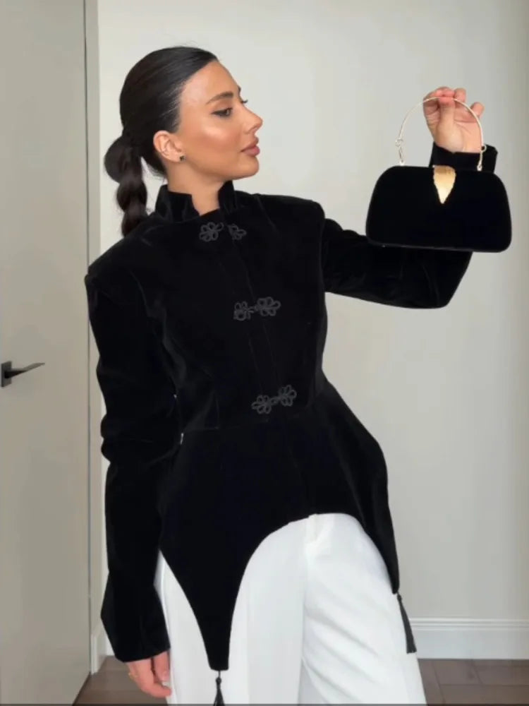 Women's Spring Summer Mandarin Collar Frog Button Velvet Asymmetric Hem Blazer Clubwear 2026 Trendy Feminine Fashion Blazer