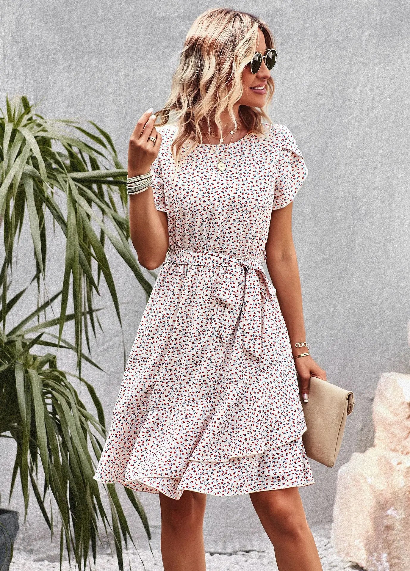 Summer O Neck Casual Printd Women Strap High Waist Pleated Floral Dress