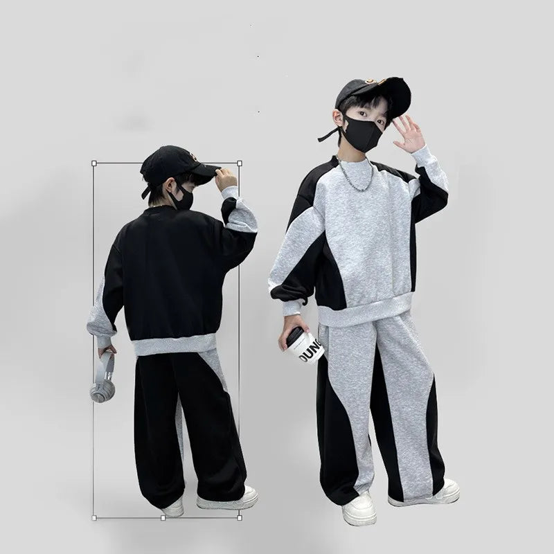 Spring Boys Black x Grey Contrast Pullover Sweatshirt+Sweatpant Work Set School Kid 2PCS Tracksuit Children Jogger Outfit 5-16Yr