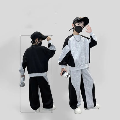 Spring Boys Black x Grey Contrast Pullover Sweatshirt+Sweatpant Work Set School Kid 2PCS Tracksuit Children Jogger Outfit 5-16Yr