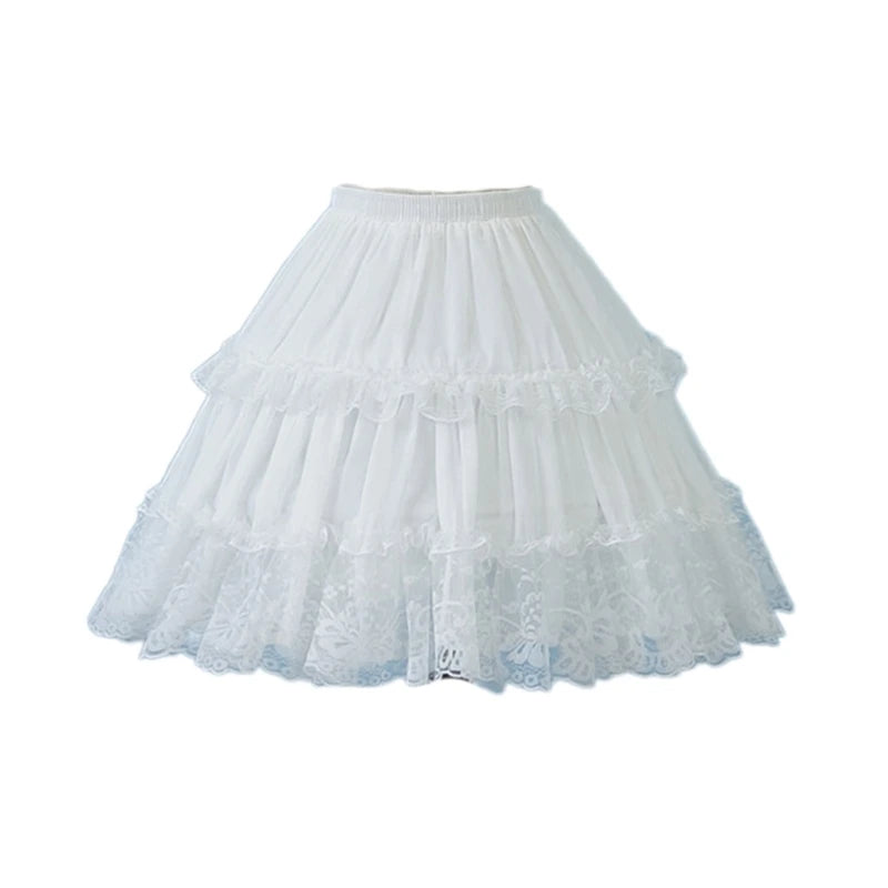 Womens Elastic Waist 2 Hoop Petticoat Ruffle Lace Short Half Slip Underskirt