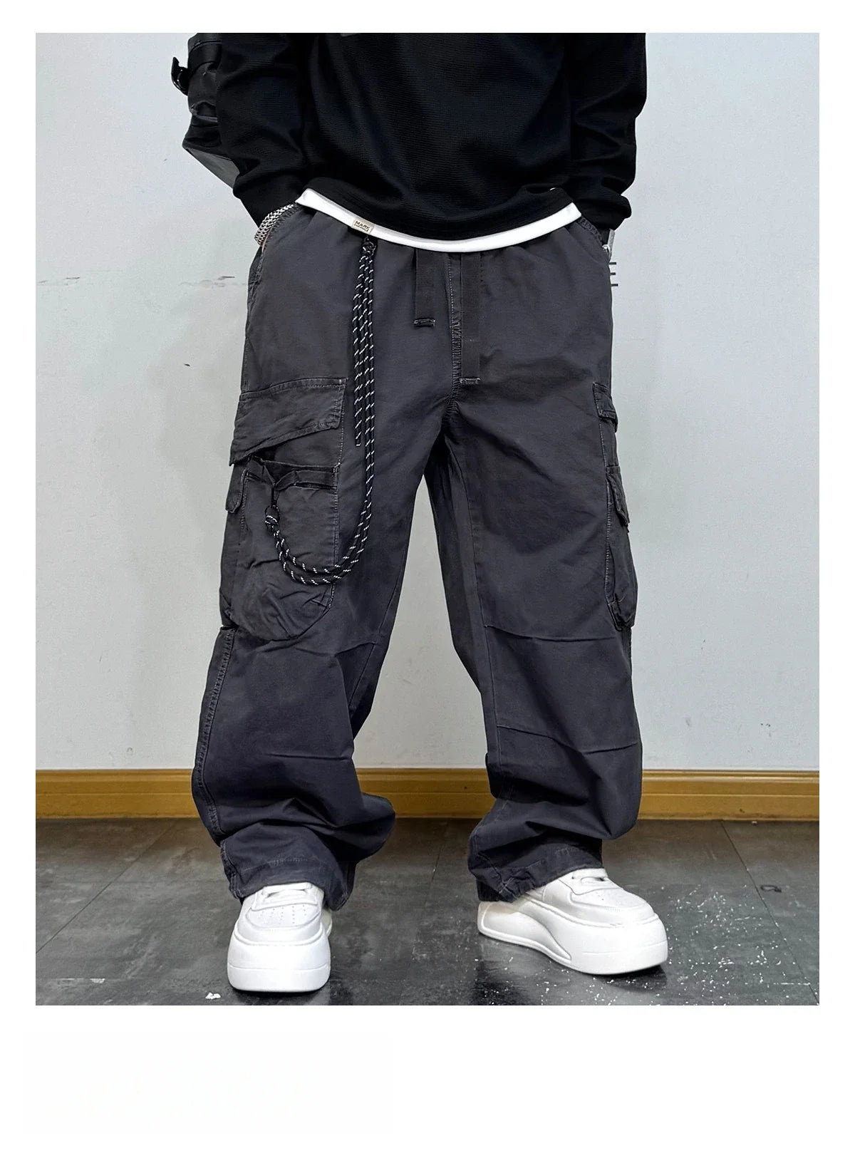 American Premium Cargo Pants Mens Pleated Baggy Multi Pocket Streetwear Oversized Straight Leg Casual Spring Fall Trendy Male