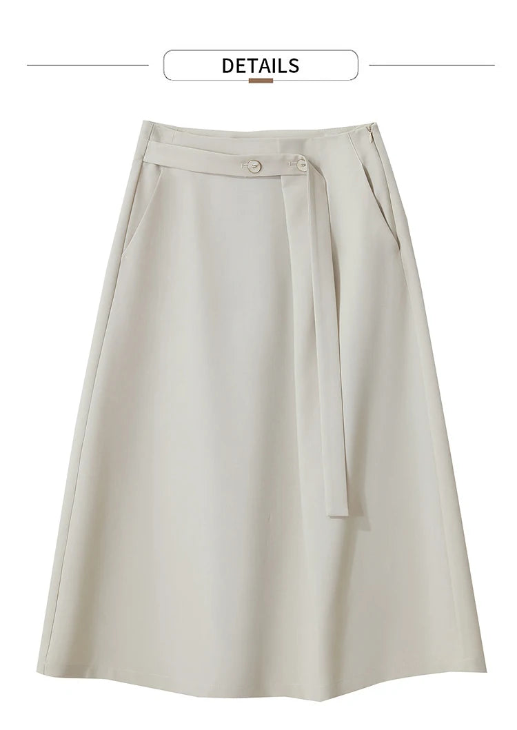 Minimalist Knee length Skirt Women Pleated A-line Loose Dress Elegant Commuting Style Belt Decoration Skirts 12522074