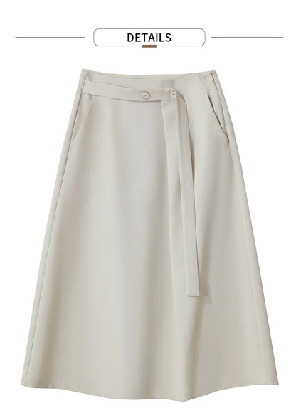 Minimalist Knee length Skirt Women Pleated A-line Loose Dress Elegant Commuting Style Belt Decoration Skirts 12522074