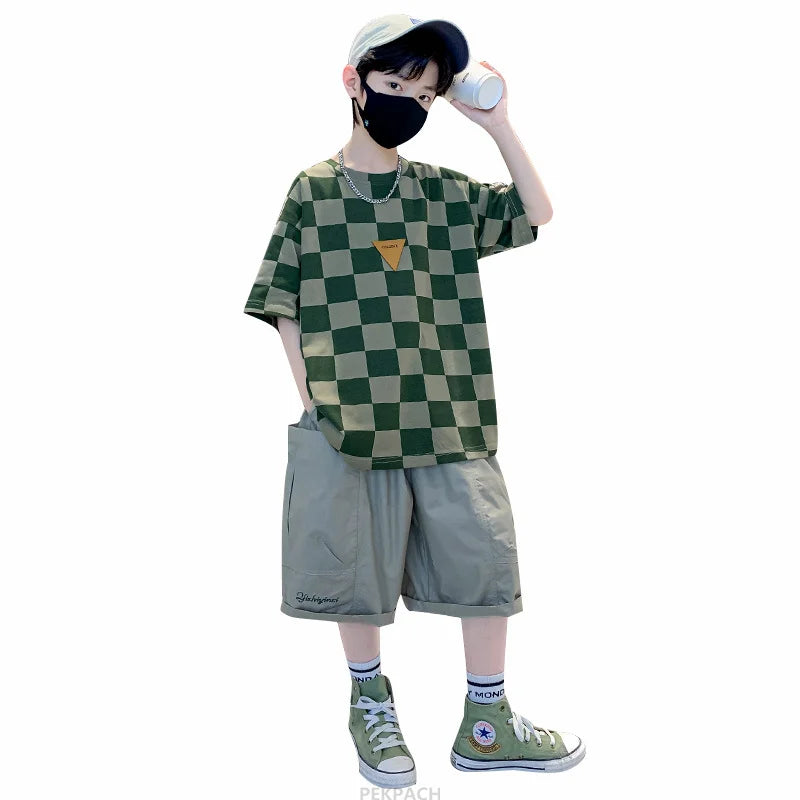 Boys 2 Piece Summer Set Child Clothes Outfits Pliad T-shirt Shorts Cotton Suit Teenager Kids Luxury Clothing Set Tracksuit 5-14Y