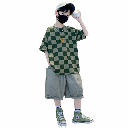 Boys 2 Piece Summer Set Child Clothes Outfits Pliad T-shirt Shorts Cotton Suit Teenager Kids Luxury Clothing Set Tracksuit 5-14Y