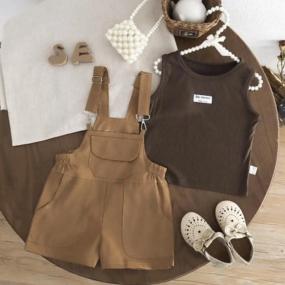 New Summer Baby Girls Clothes Suit Children Fashion Labeling Vest Top Large Pocket Overalls 2Pcs/Sets Kids Tracksuits Outfits