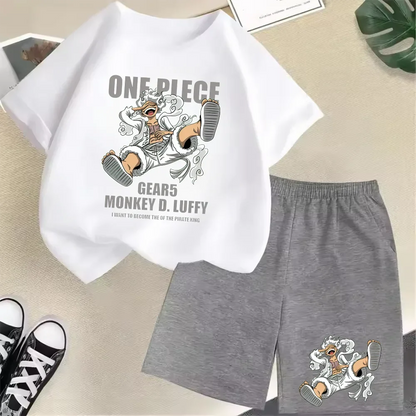 Summer New Cotton Kids T-Shirt Set Luffy Gear 5 One Piece Children Shorts Sport Casual School Outdoor Boys Tracksuit