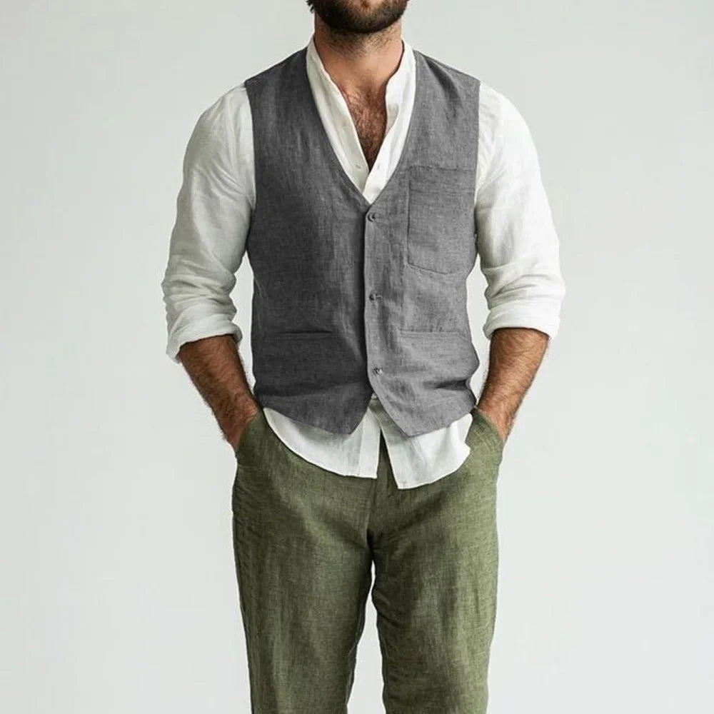 Linen Man Vest Solid Color Elegant for Men's Suit V-Neck Lightweight Casual Style Single-Breasted V-Neck Classic Sleeveless