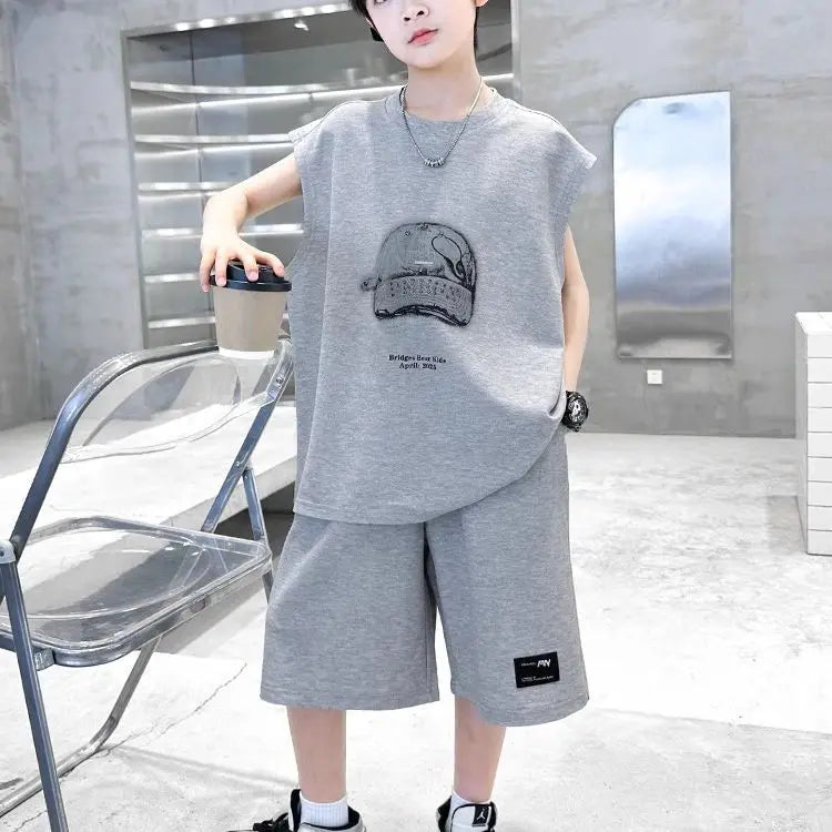 Boys' 2025 Summer New Arrival Sleeveless Two-Piece Vest & Sports Set for Big & Tall Kids