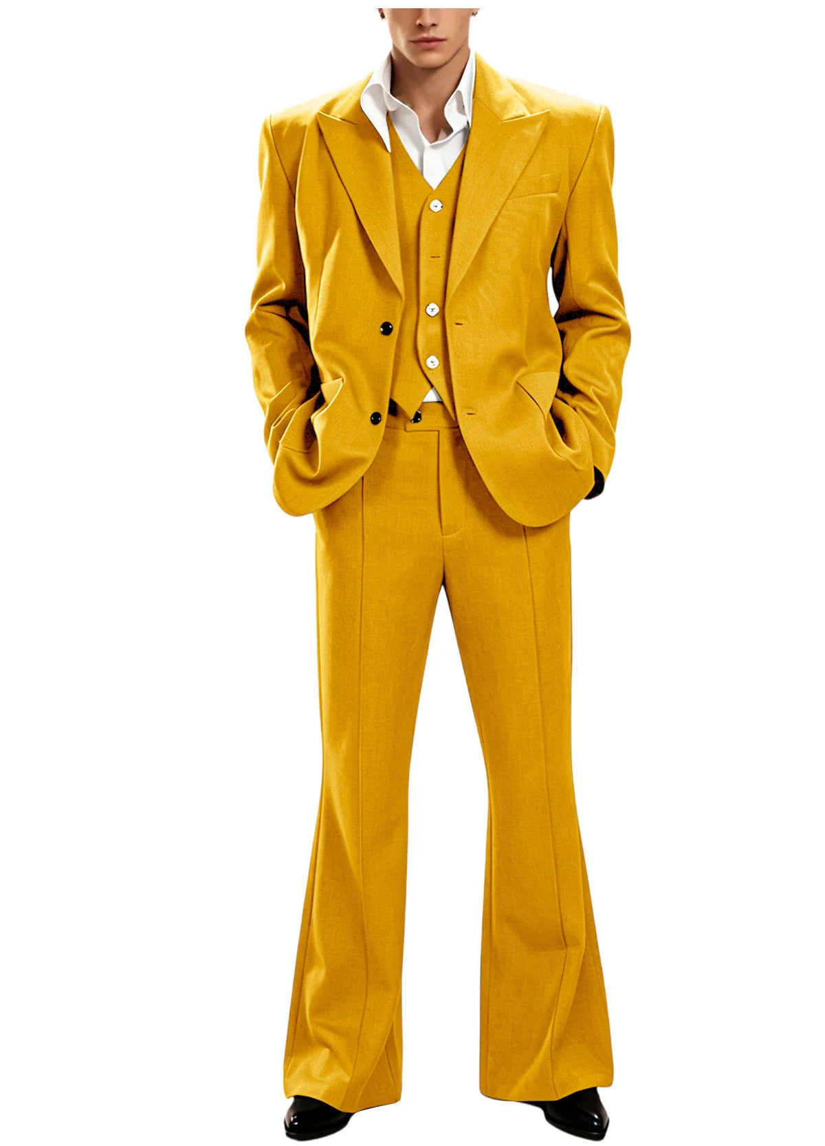 Vintage Men's 3 Piece Suit Set Peak Lapel Slim Fit 2 Button Double Breasted Blazer Vest Flared Pants for Formal Business Wedding
