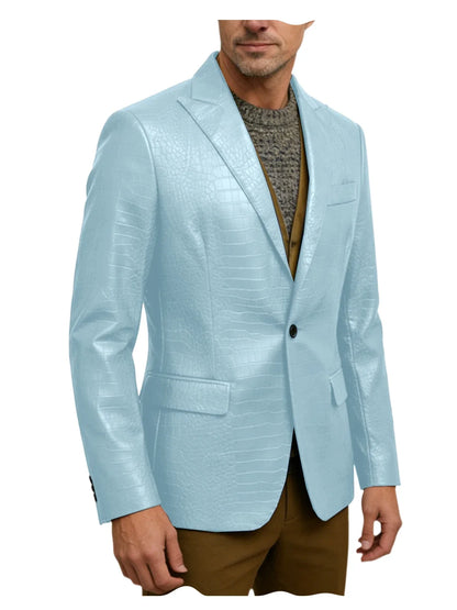 Vintage Men's Crocodile Embossed Leather Blazer Notch Lapel 1 Button Jacket Business Casual Formal Luxury Coat With Flap Pockets