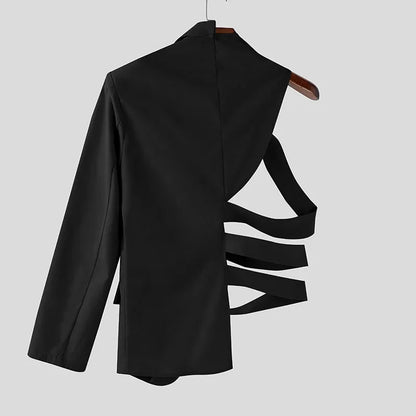 Men Irregular Blazer Lapel One-shoulder Long Sleeve Button Hollow Out Casual Suit Men Streetwear 2025 Fashion Thin Coats