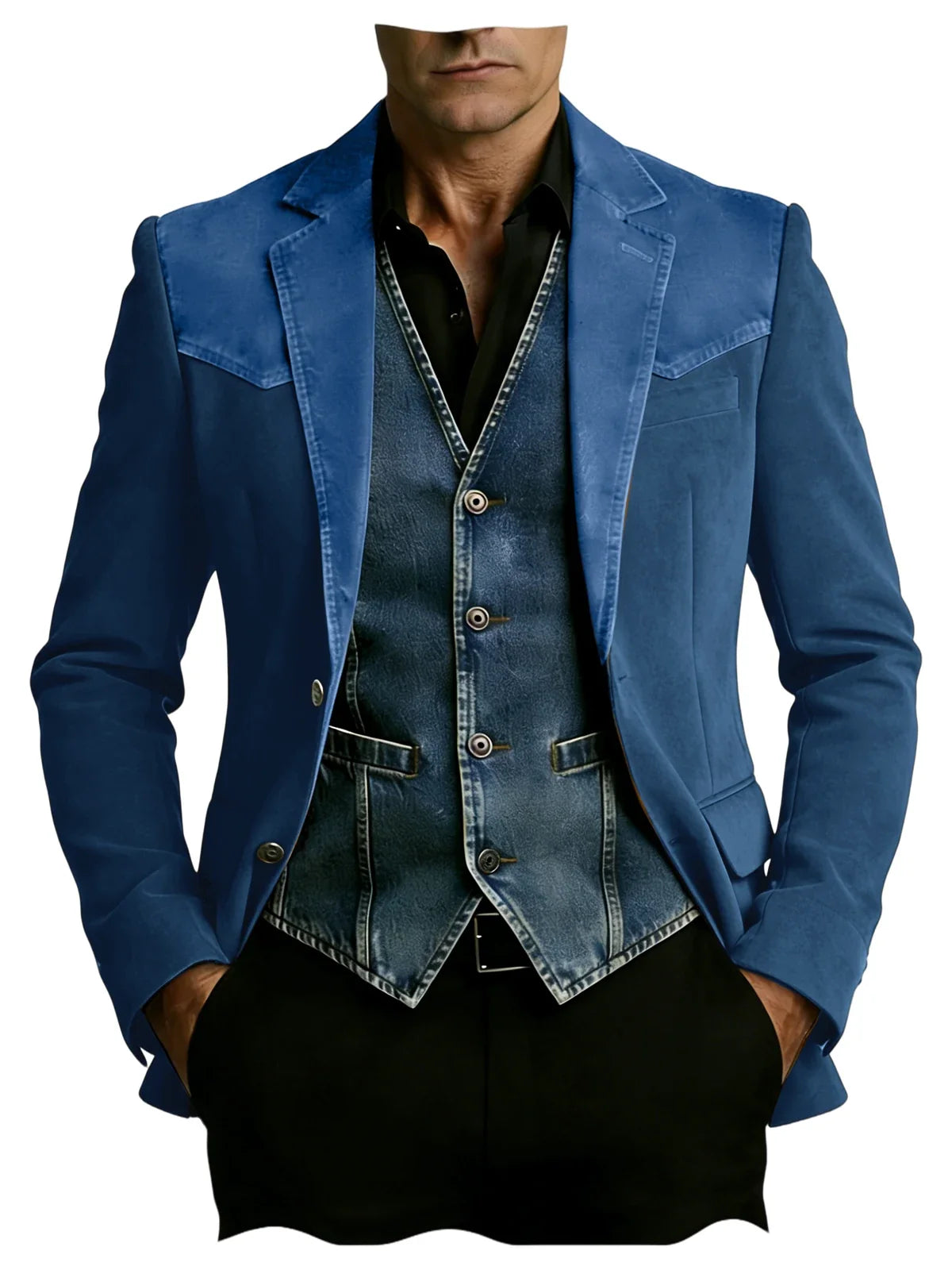 Men's Vintage Suede Blazer Notch Lapel 2 Button Denim Shoulder Collar Patch Jacket Business Casual Daily Wear Coat for Gentlemen