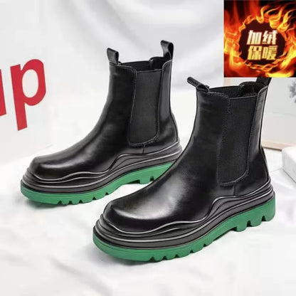 Fashion Mens Sheoes Platform Chelsea Boots Thick Bottom Split Leather Ankle Boots Male Footwear Round Toe Short Boots