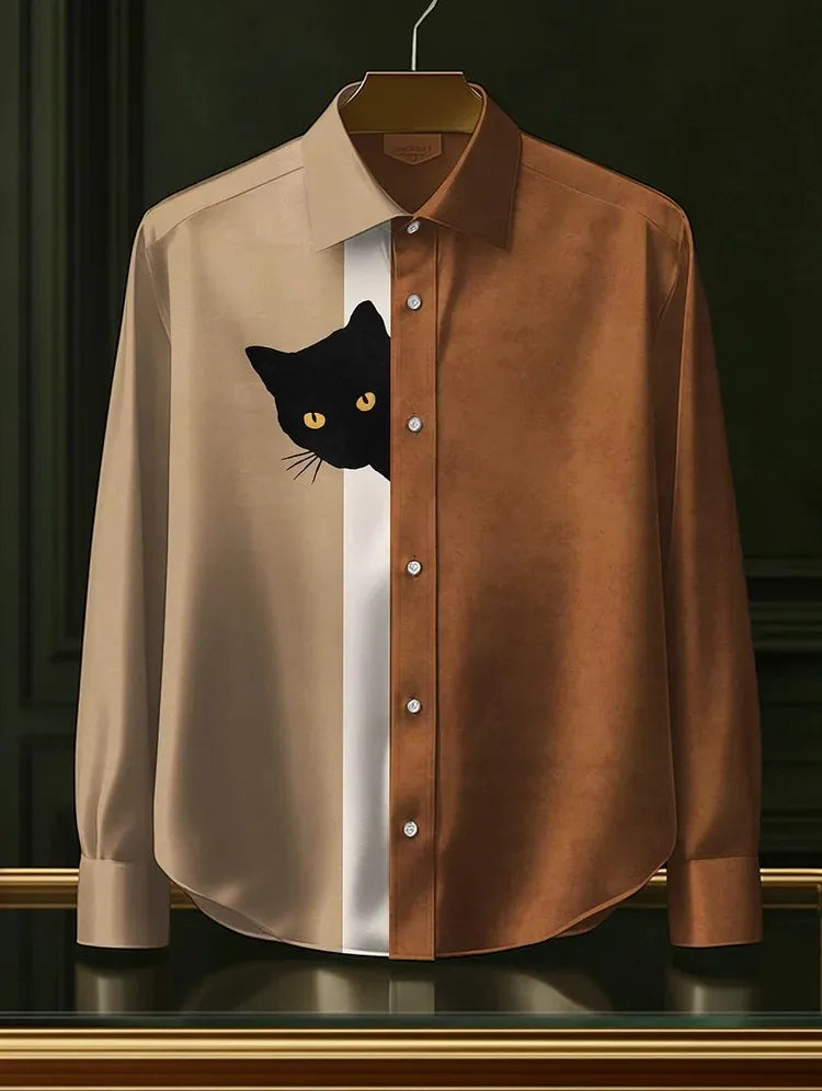 Men's Funny Shirts Harajuku Japanese Men Fun Hide And Seek Black Cat Print Casual Shirt 2025 Summer Holiday 3D Printing Blouse T