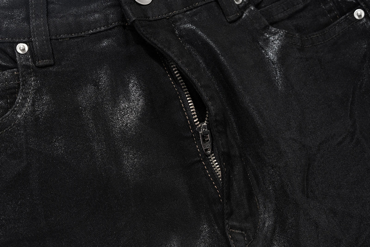 Streetwear Black Wax Leather Strecth Jeans for Men Ropa Hombre Baggy Y2k Flare Pants Oversized Straight Denim Trousers