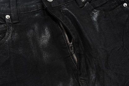 Streetwear Black Wax Leather Strecth Jeans for Men Ropa Hombre Baggy Y2k Flare Pants Oversized Straight Denim Trousers