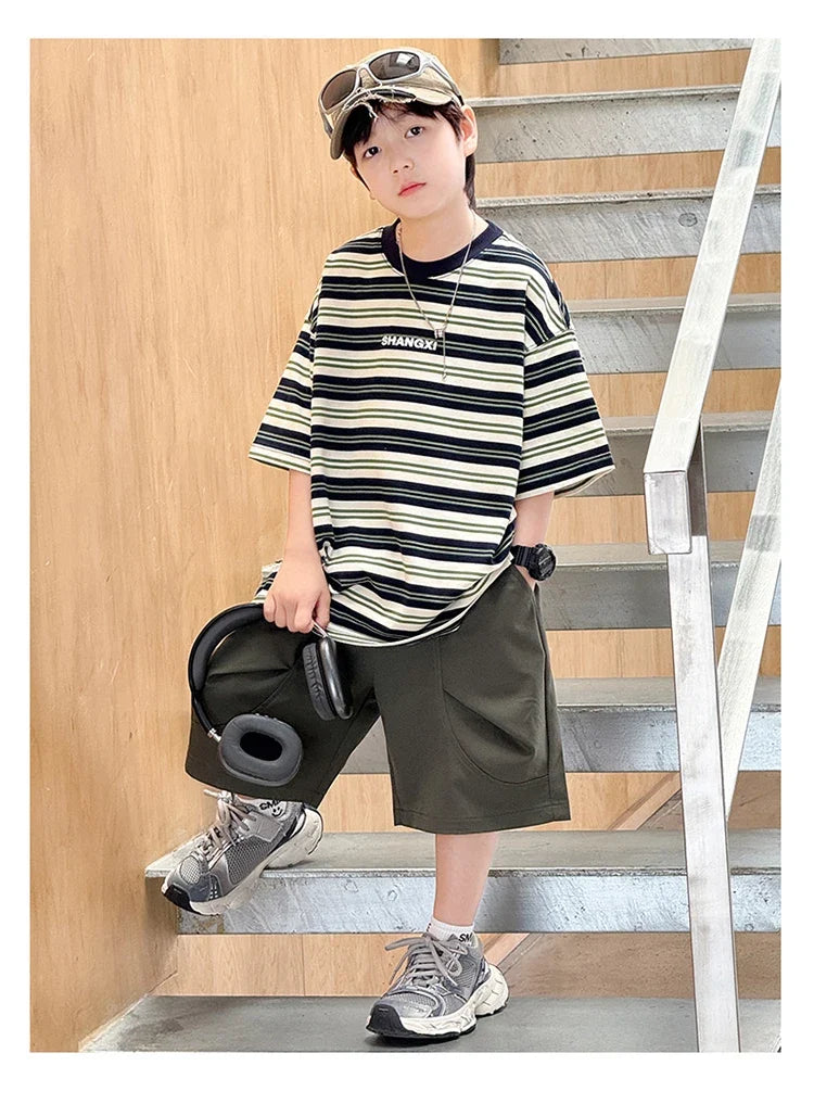 Korean Kids Striped Summer Suit for Boys Top and Bottom Set Children Cotton Short Sleeve T-shirt and Cargo Shorts Clothes Set