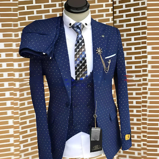 Polka dot Men's Suit 3 piece Fashionable Business Work Clothes Groom Wedding Tuxedo Jacket Pants Vest Custom Outfit