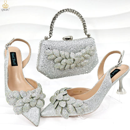 New Sky Blue Satin Handmade Flowers Shoes And Bag African Women's Banquet Pointed Toe Heels Matching Shoes And Bag Wedding Party