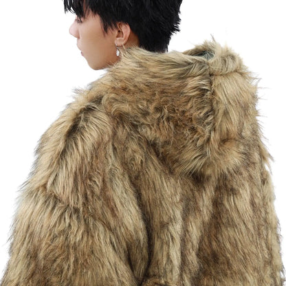 Luxury Vintage Short American Faux Fur Coat New Reversible Wear Hooded Warm Pu Leather Jacket Winter Thick Chic Outerwear New