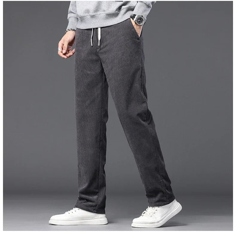 Straight Corduroy Classic Male Pants Khaki Black Gray Baggy Fashion Elastic Waist Trousers Soft Stretchy Casual Men's Clothing