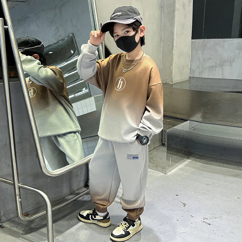 Boys Loose Contrast Tie Dye Alphabet Sweatshirt+Sweatpant Workout Set School Kids 2PCS Tracksuit Children Jogger Outfit 5-16 Yr