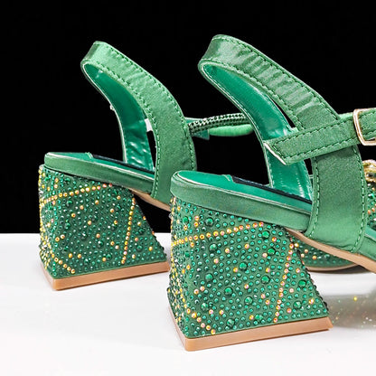 New Style Evening Shoes and Bag Set Comfortable Thick Heel Shoes With Oval Stand Bag Comes with Metal Double Chain