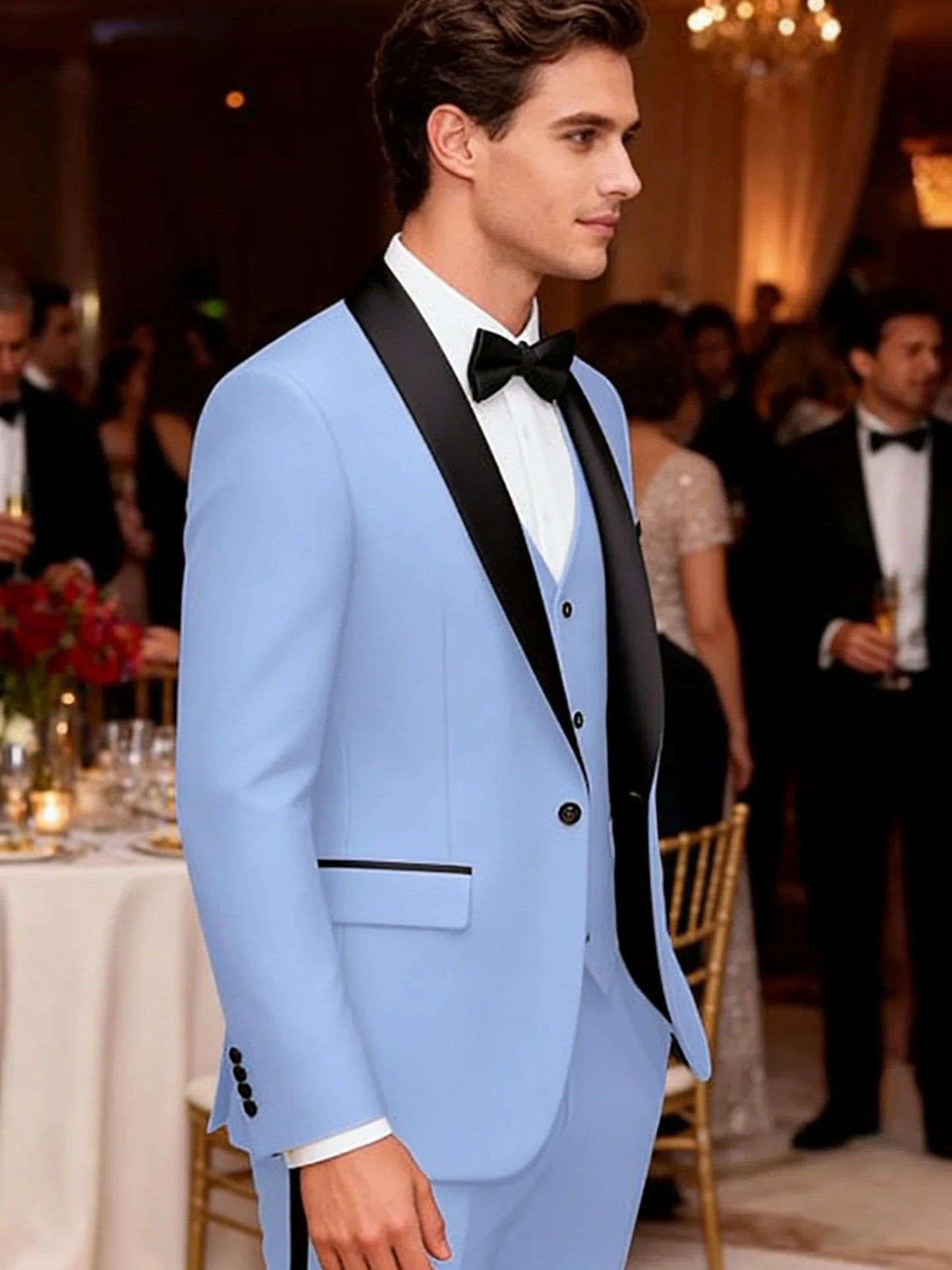 Men's 3 Pieces Shawl Collar Suits Blazer Vest Pants Slim Fit Tuxedo Suit Set One Button Formal  Jacket for Wedding Prom Party