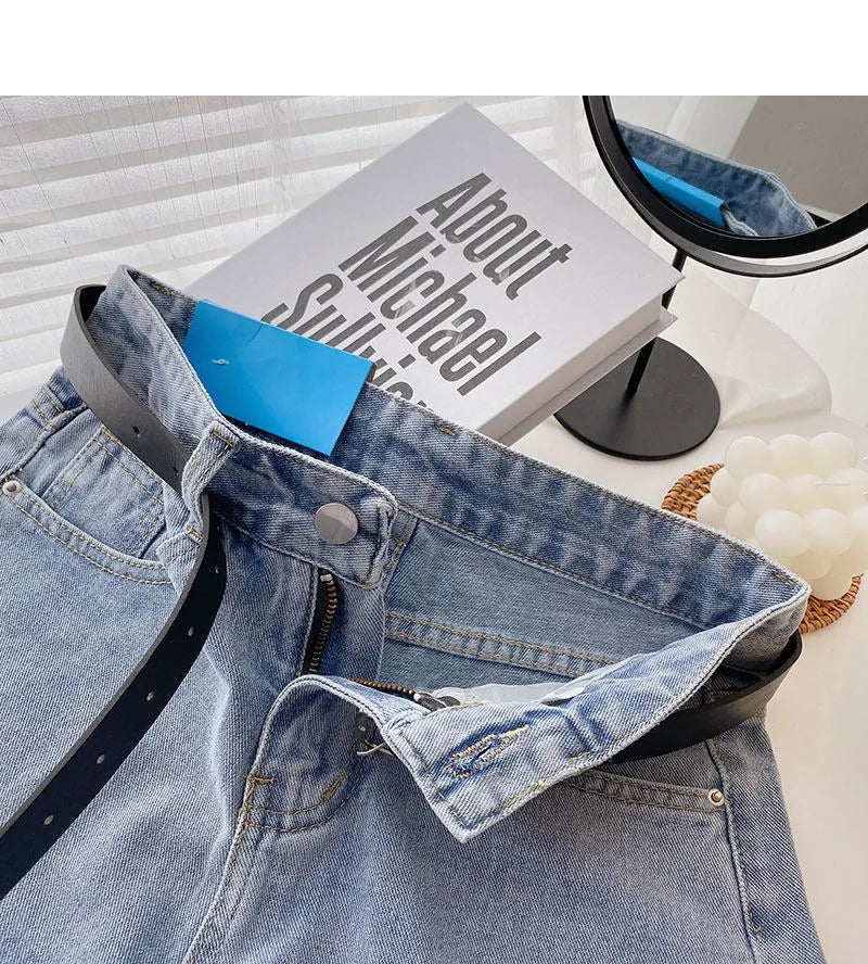 Wide Leg Denim Shorts With Belt Women Summer High Waist Pocket Hot Pants Streetwear Korean Fashion Casual Cowboy Jeans Shorts