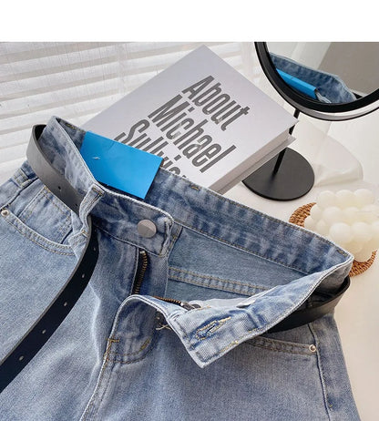 Korean Summer Wide Leg High Waist Denim Shorts With Belt Women Fashion Pocket Hot Pants Streetwear Casual Cowboy Jeans Shorts