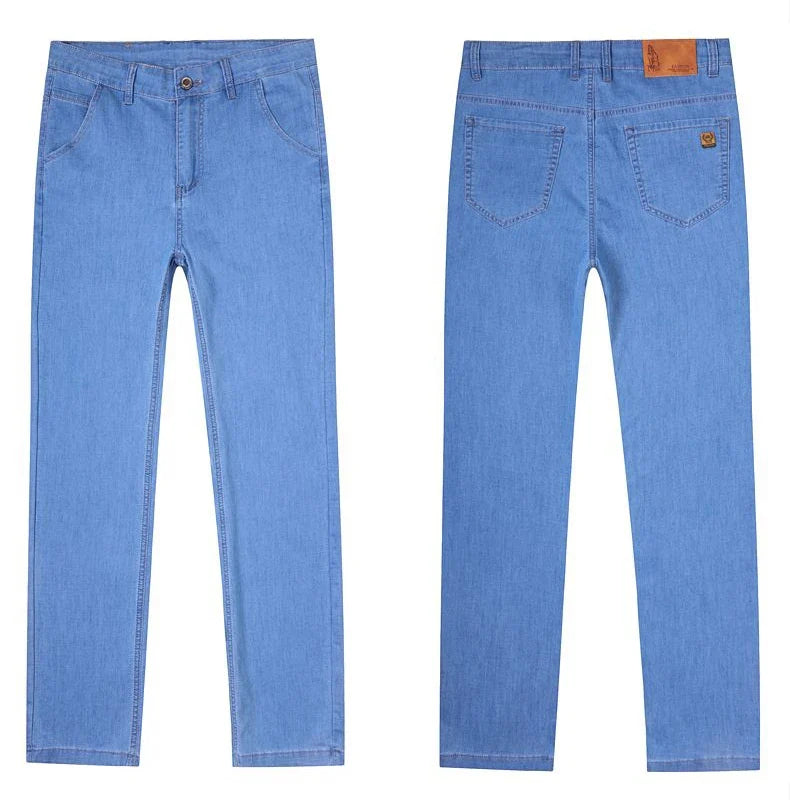 Light blue classic business jeans, fashionable breathable denim elastic pants, black blue men's straight leg jeans, sizes 28-40