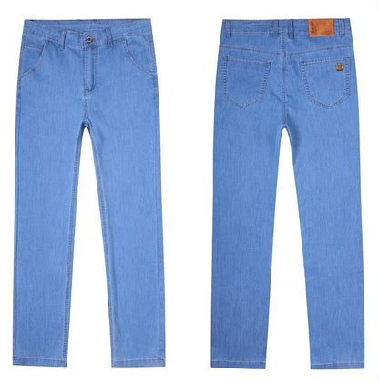 Light blue classic business jeans, fashionable breathable denim elastic pants, black blue men's straight leg jeans, sizes 28-40