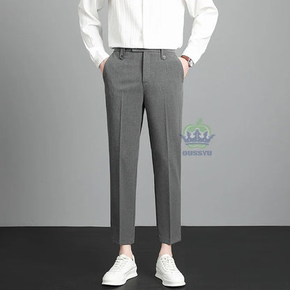 Brand High Quality Business Suit Ankle Length Pants Men Grey Khaki Waist Design Work Office Formal Long Trousers Male