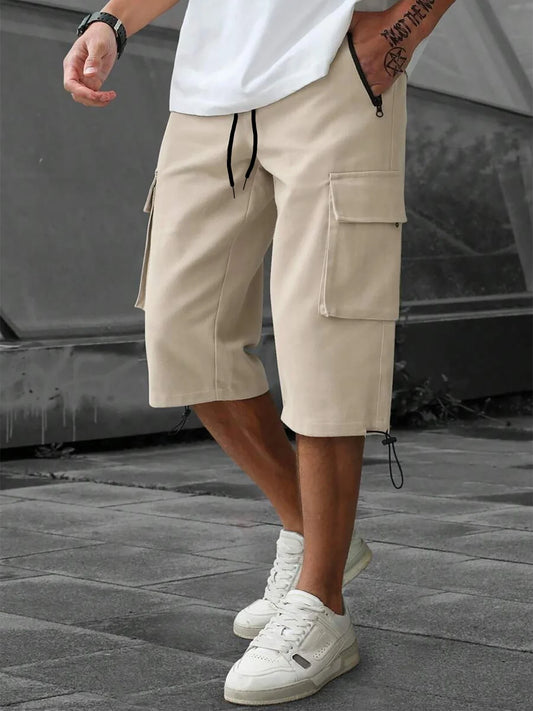 Men's 3/4-Length Cargo Shorts — Woven Twill Fabric, Multi-Pocket Casual Trousers. Non-Stretch Adult Apparel for Summer