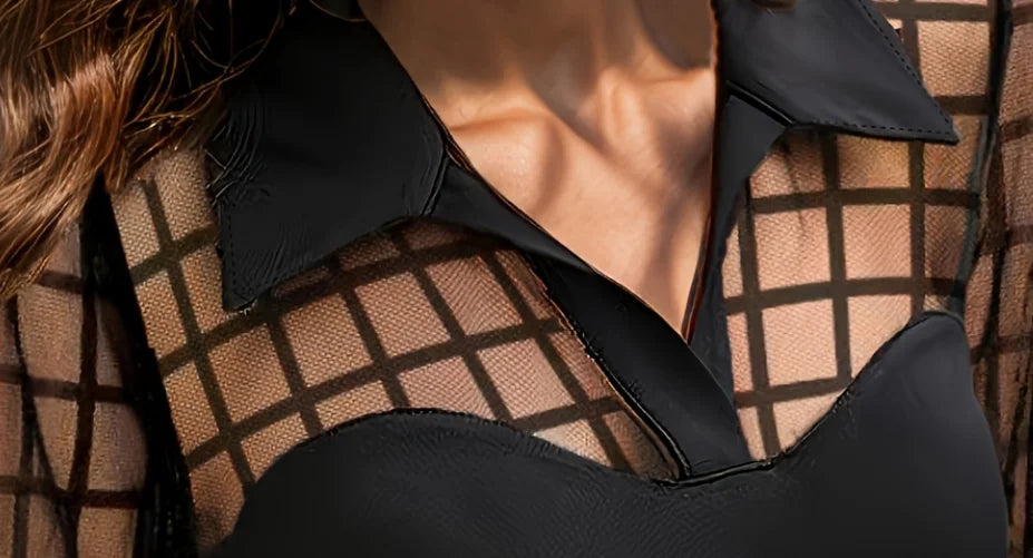 Fashionable Temperament Commuting Black Grid Long-Sleeved Mesh Top