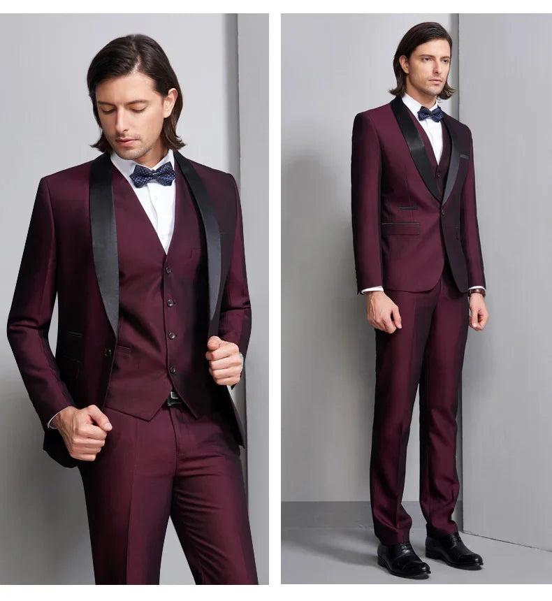 Royal Blue/Burgundy Man Suits Classic Black Lapel Wedding Suits 3 Pieces (Jacket+Pants+Vest)