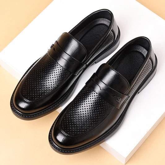 Mens Black Penny Loafers With Perforated Detail Slip On Comfortable Breathable Dress Shoes For Business Office And Summer Wear