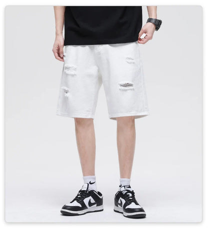 Summer New White Casual Men's Denim Shorts Ripped Fashion Loose Straight Street Bermuda Jeans Male Hole Short Pants