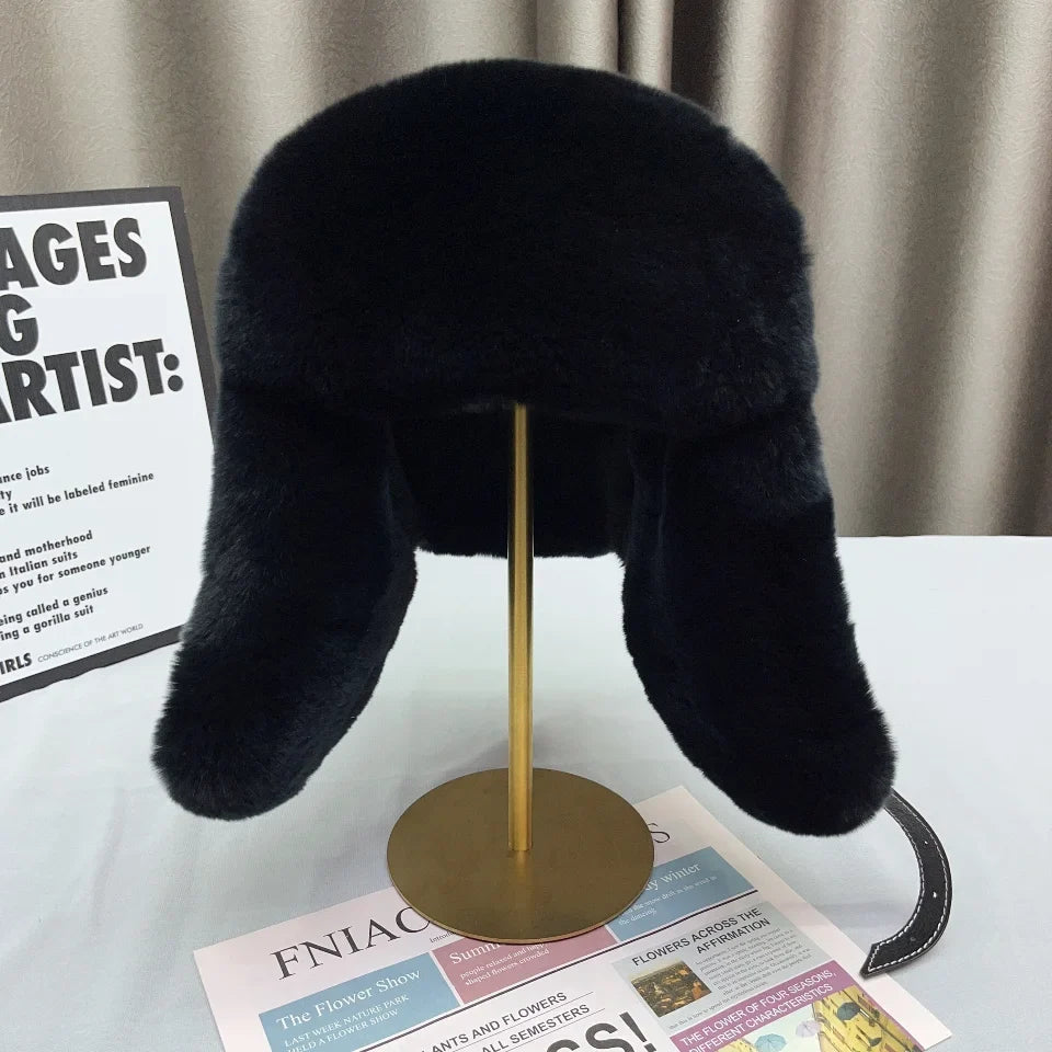 Domo Ushanka Fur Hat Winter Adult Keep Warm Cap Bomber Hats For Women Rex Rabbit Fur Hat With Ear Recommend Winter Sales