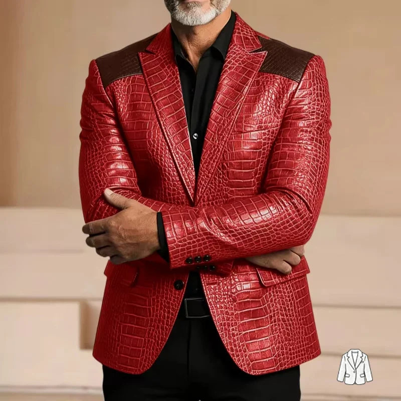 Men's Blazer Crocodile Embossed Leather Suit Jacket Shoulder Patch Notch Lapel Two Button Sport Coat Business Casual Flap Pocket
