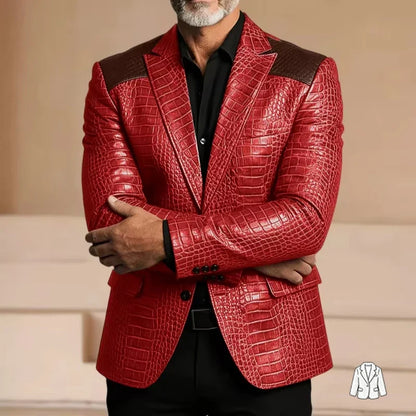 Men's Blazer Crocodile Embossed Leather Suit Jacket Shoulder Patch Notch Lapel Two Button Sport Coat Business Casual Flap Pocket