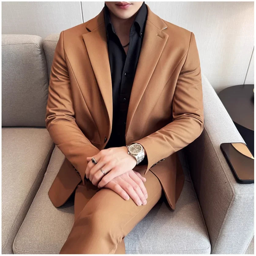 (Jacket+Pant) New Men Pure Color Business Social Wedding Party Suit Fashion Male Banquet Party Slim Fit Dress Blazer and Trouser