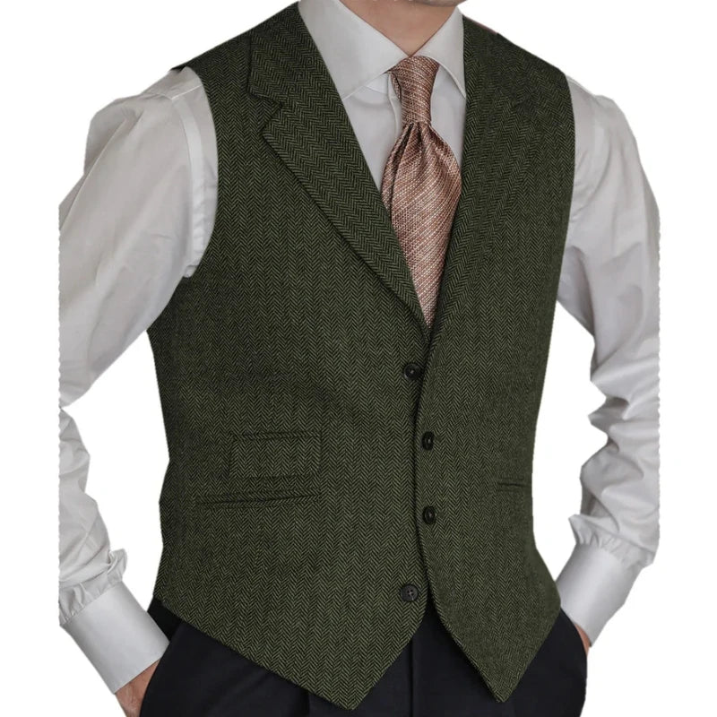 Men Vest Brown Classic Herringbone Pattern Suit Vest Notch Lapel Waistcoat Slim Formal For Wedding Groomsmen Banquet Men Suit