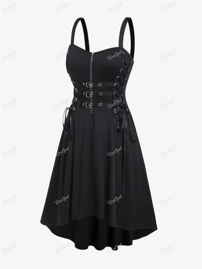 Plus Size Gothic Buckled Lace Up Midi Dress High Waist Sweetheart Neck Asymmetrical Half Zip Sleeveless Party Punk Dress