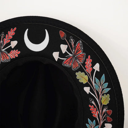 Witch Wide Brim Felt Fedora Hat Crescent Moon Butterfly Mushroom Floral Embroidery Gothic Black Wool Party Costume Hat for Women