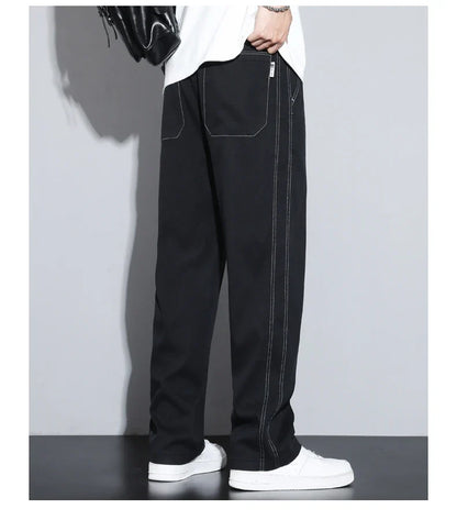 Summer Soft Lyocell Fabric Men's Jeans Thin Loose Straight Pants Drawstring Elastic Waist Korea Casual Trousers Plus Size M-5XL