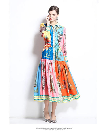 French Court Style Long Sleeve Dress Luxury Vintage Lapel Midi Dress Women Elegant Button-up Belted Party Dress Vestidos