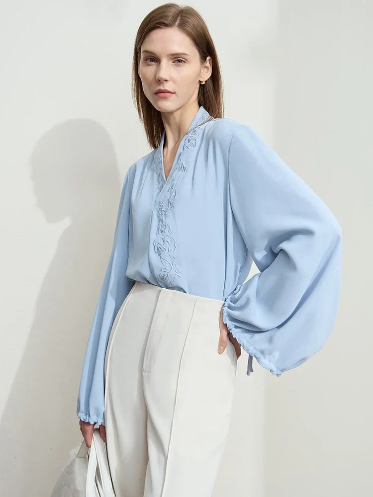Chiffon Women's Blouse 2025 Autumn New V-neck Letter Embroidered Top Elegant Lantern Sleeve Loose Women's Shirt 12421028